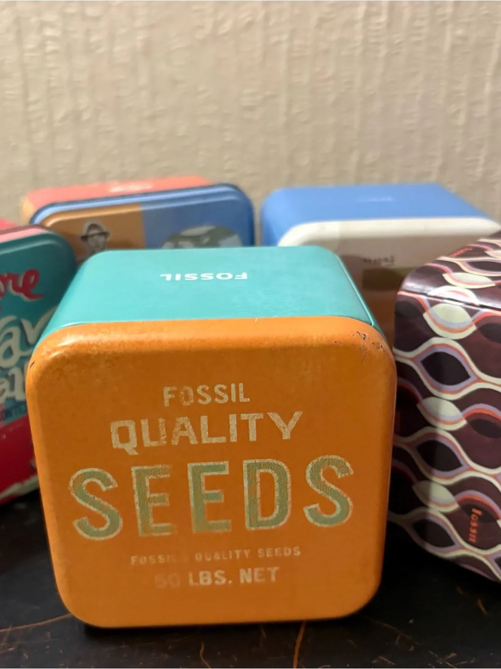 Fossil Orange and Blue Decorative Tin Set – Retro Seed Canister